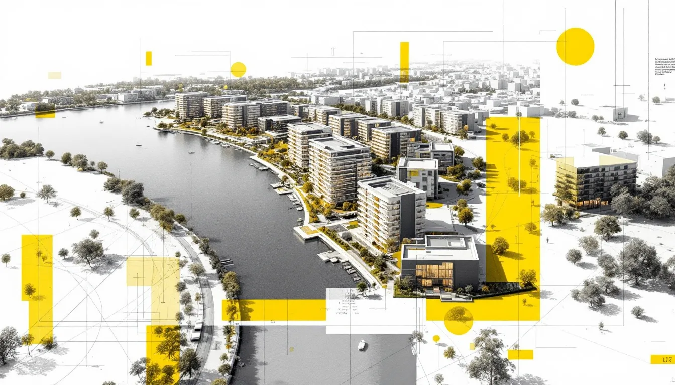 Aerial masterplan render beside water
